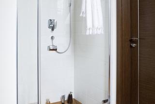 Deszczownica w prysznicu z drewnianą posadzką