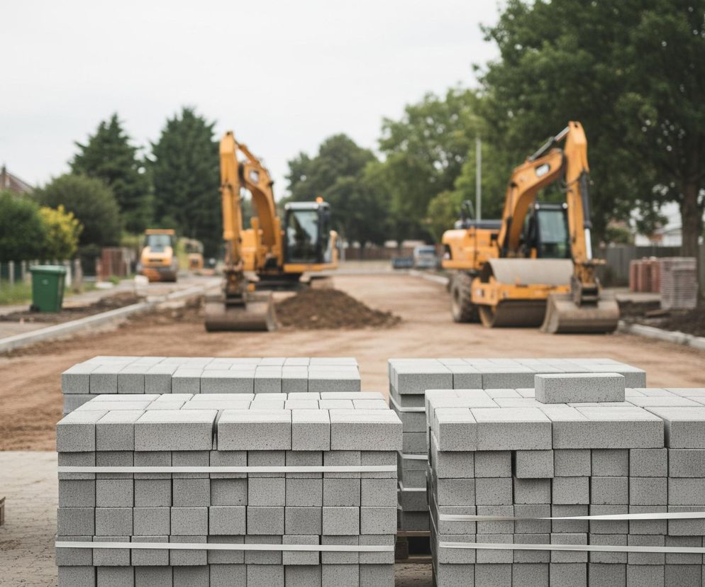 Na pierwszym planie, po lewej stronie kadru, leżą ułożone w stosy szare kostki brukowe na drewnianych paletach, częściowo związane białymi taśmami. Większość kostek na paletach jest ułożona równo, tworząc prostopadłościenne bloki, choć jedna kostka na wierzchu prawego stosu jest położona poziomo. Tło przedstawia plac budowy lub remontu drogi w obszarze mieszkalnym, z dwoma żółtymi koparkami i wałem drogowym na częściowo utwardzonym gruncie. Po obu stronach drogi widać rozmazane domy jednorodzinne z czerwonymi dachami oraz zielone drzewa i krzewy.