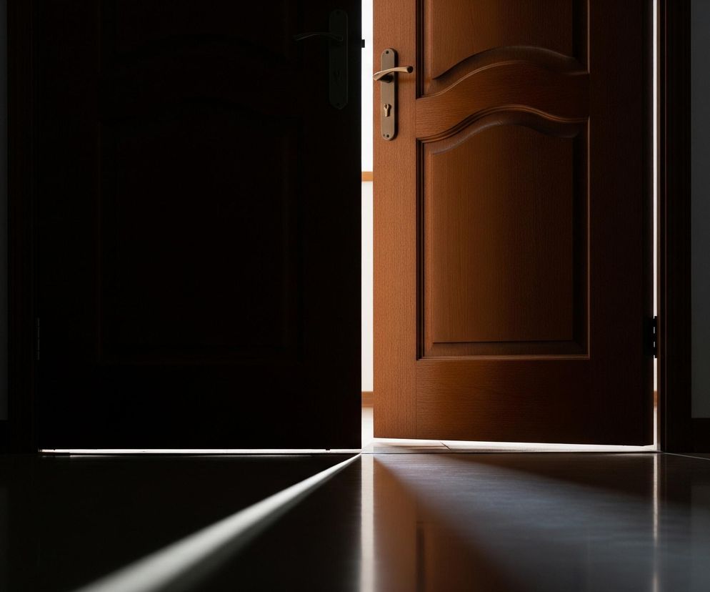 Otworzone drzwi ukazują jasne światło prześwitujące zza nich, kontrastując z ciemnym, niemal czarnym wnętrzem. Prawa strona drzwi jest drewniana, w odcieniach brązu, z ozdobnym, falistym reliefem i złotą klamką. Po lewej stronie widać ciemne, uchylone skrzydło drzwi z czarną klamką. Podłoga w pomieszczeniu jest błyszcząca, odbijająca smugę światła, która tworzy ukośną linię na powierzchni.