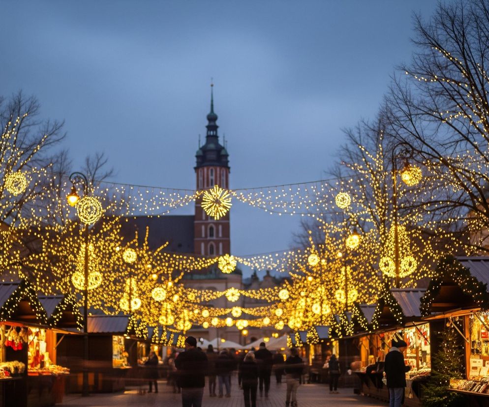 Ulica wieczorem, z rzędami drewnianych kramów po obu stronach. Nad kramami i na drzewach rozwieszone są girlandy ciepłych, żółtych światełek, które tworzą świetliste, okrągłe ozdoby. W tle widoczny jest strzelisty kościół z ciemną wieżą zakończoną iglicą, a niebo ma odcień granatu. Ludzie przechadzają się aleją, a na pierwszym planie po lewej stronie znajduje się ozdobna latarnia uliczna z pojedynczym, jasnym światłem.