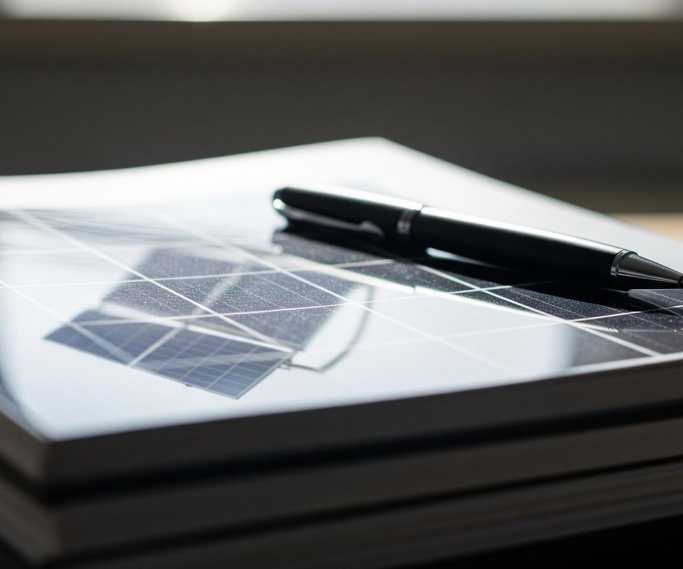 Czarny długopis leży na otwartej książce, prezentującej na okładce grafikę przedstawiającą panel fotowoltaiczny z licznymi, prostokątnymi ogniwami. Grafika panelu jest odbita w jego błyszczącej powierzchni, tworząc efekt wizualnej głębi i przezroczystości. Obiekt leży na stosie innych, podobnych książek o ciemnych grzbietach, tworząc warstwową kompozycję. Tło jest rozmyte, z jasnym pasem u góry, sugerującym światło padające z okna lub innego źródła.