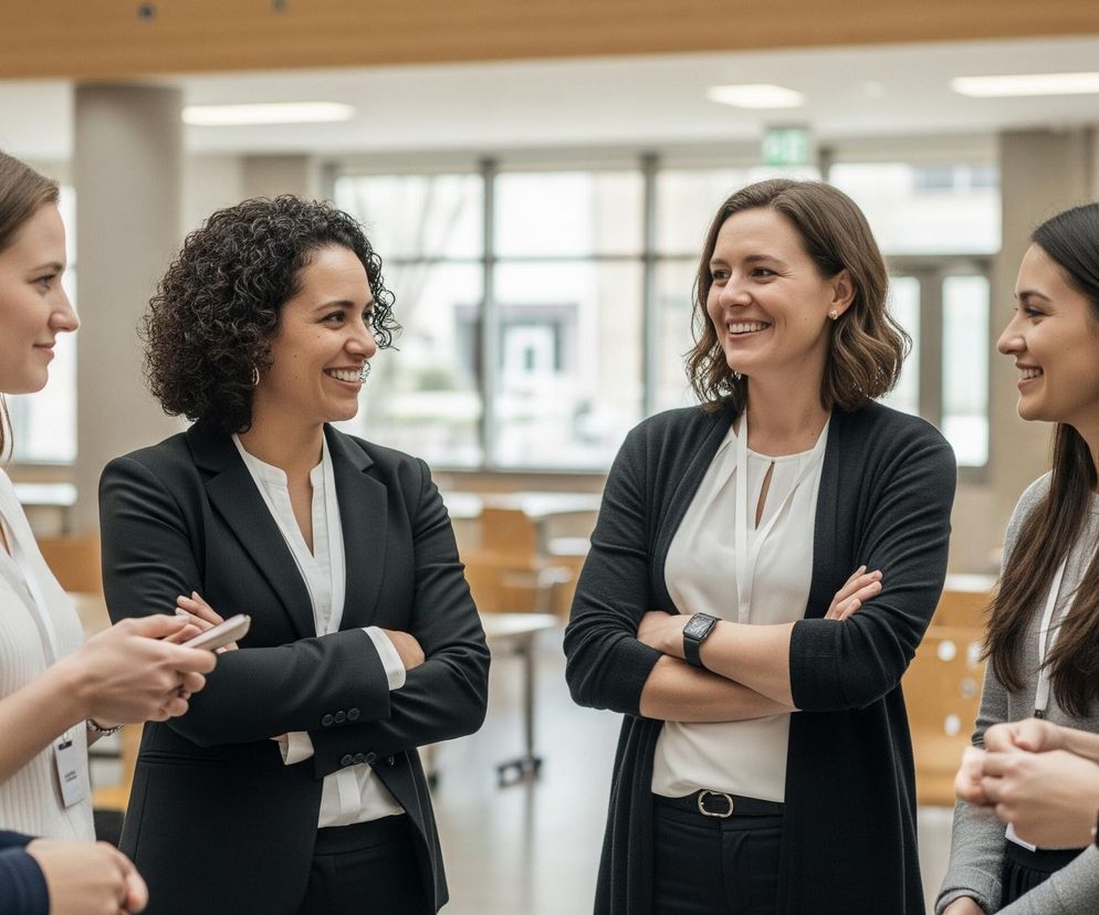 Sześć kobiet stoi w grupie w jasnym, nowoczesnym wnętrzu, rozmawiając i uśmiechając się. Dwie kobiety w centrum, jedna w czarnym garniturze z kręconymi włosami i druga w czarnym kardiganie i białej koszuli, patrzą na siebie z otwartymi uśmiechami, z założonymi ramionami. Otaczają je cztery inne kobiety, dwie po lewej stronie kadru i dwie po prawej, wszystkie ubrane w stroje biznesowe lub półformalne, z identyfikatorami na szyi. Tło ukazuje duże okna, wpuszczające naturalne światło, oraz elementy wyposażenia wnętrza z widocznymi drewnianymi akcentami i rozmazanymi stołami i krzesłami.