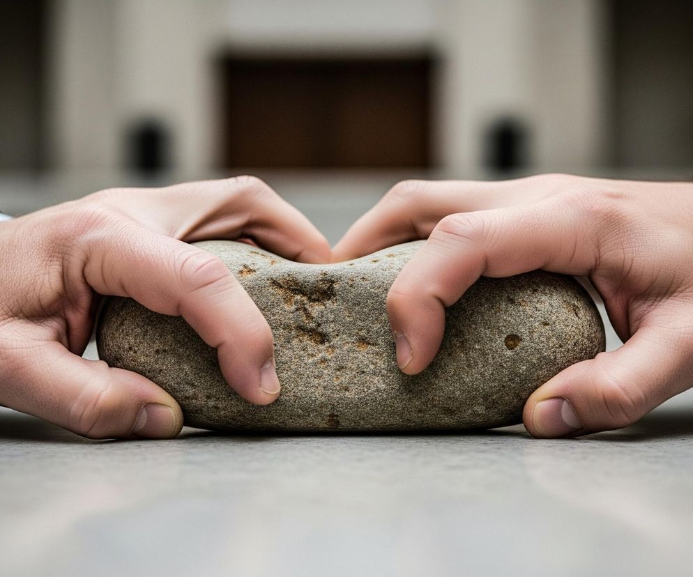 Dwie dłonie, z których jedna należy do mężczyzny w ciemnym garniturze i jasnoniebieskiej koszuli, ściskają podłużny, szaro-brązowy kamień. Kamień leży na jasnoszarym, gładkim blacie lub posadzce, a dłonie nachylone są ku sobie, tworząc wklęsły kształt wokół centrum kamienia. W tle widać rozmyte, beżowe ściany i ciemne, prostokątne otwory, prawdopodobnie drzwi lub okna.