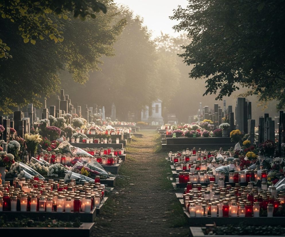 Centralny punkt obrazu to szeroka ścieżka prowadząca w głąb cmentarza, otoczona po obu stronach rzędami nagrobków. Na każdej płycie nagrobnej i wokół nich ułożone są liczne znicze w odcieniach czerwieni i bieli, których płomyki delikatnie rozświetlają scenę. Wśród zniczy widoczne są bukiety kwiatów o różnorodnych kolorach, takich jak fioletowy, żółty, pomarańczowy i biały, często owinięte w folię. W tle dominują wysokie drzewa z ciemnozielonymi liśćmi, a przez zamglone powietrze przebija się jasne, rozproszone światło, tworząc eteryczną atmosferę.