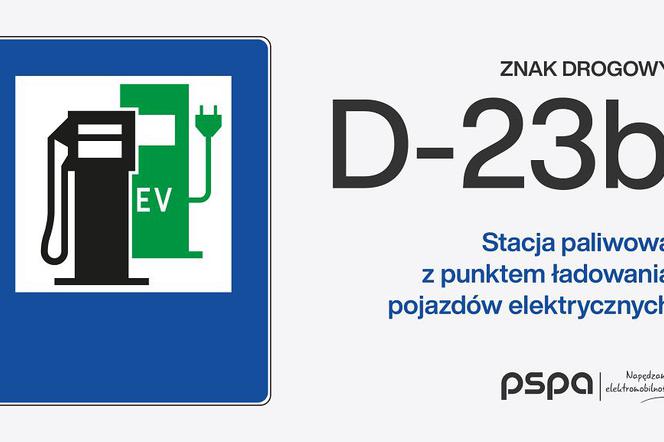 znak drogowy d 23 z punktami ładowania samochodów elektrycznych