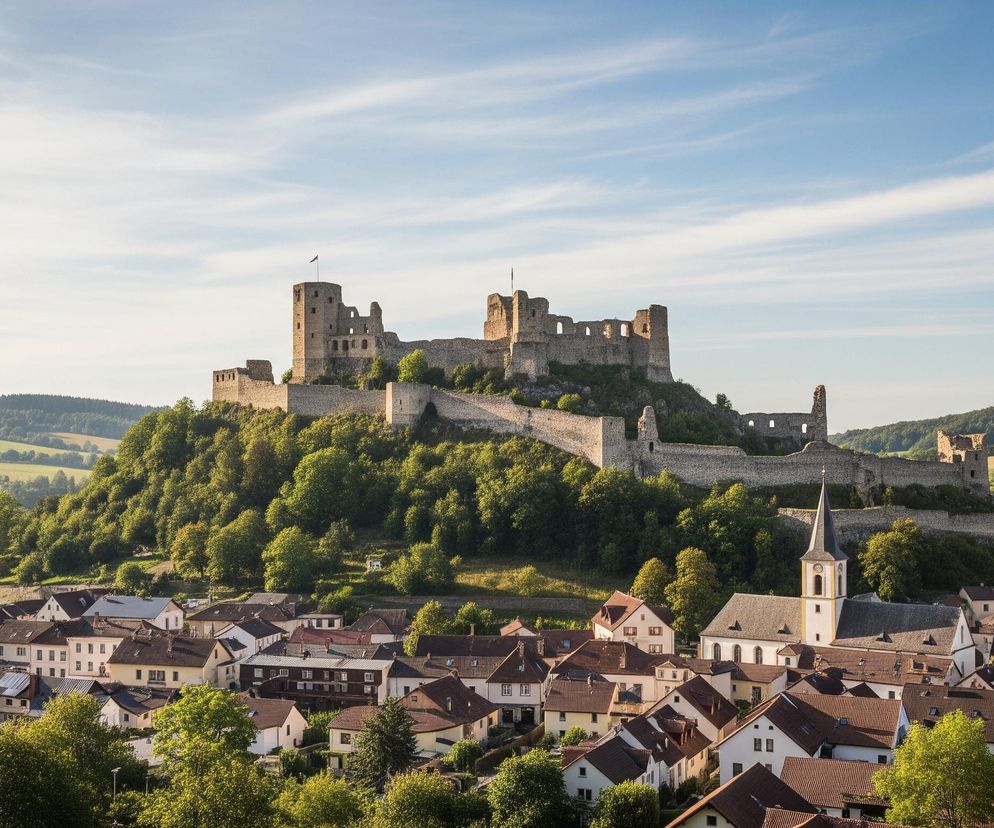 Kamienne ruiny zamku, częściowo porośnięte drzewami, dominują na szczycie zielonego wzgórza w centrum obrazu, pod jasnym niebieskim niebem z rozproszonymi białymi chmurami. U podnóża wzgórza rozciąga się miasteczko z licznymi domami o czerwonych dachach i białych fasadach, pośród których wyróżnia się kościół z wysoką spiczastą wieżą i zegarem. W lewym dolnym rogu widoczna jest część ciemnozielonego drzewa iglastego, a w tle rozciągają się faliste wzgórza pokryte polami uprawnymi i lasami.