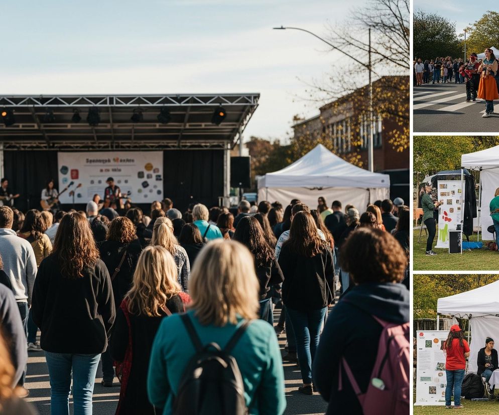 Duży kolaż zdjęć przedstawia sceny z imprezy plenerowej, z dominującym ujęciem tłumu zwróconego w stronę sceny muzycznej. W lewym, największym panelu, widać plecy wielu osób, głównie dorosłych, w casualowych ubraniach, zmierzających w kierunku zadaszonej sceny z muzykami i dużym, jasnym ekranem w tle. Scena otoczona jest drzewami i budynkami, a przed nią stoją białe namioty eventowe.

Prawy górny panel ukazuje grupę ludzi idących po przejściu dla pieszych; niektóre osoby mają kolorowe makijaże na twarzach i barwne stroje, w tym jedną kobietę w pomarańczowej sukience i inną w niebieskiej tunice. Prawy środkowy panel przedstawia biały namiot z kilkoma osobami wewnątrz i na zewnątrz, stojącymi i siedzącymi przy stole z materiałami promocyjnymi. Na koniec, prawy dolny panel pokazuje inny biały namiot z grupą ludzi siedzących przy stole okrytym białym obrusem, a także stojących obok.