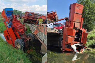 Kombajn runął z mostu do rzeki. Kierowca utknął w maszynie