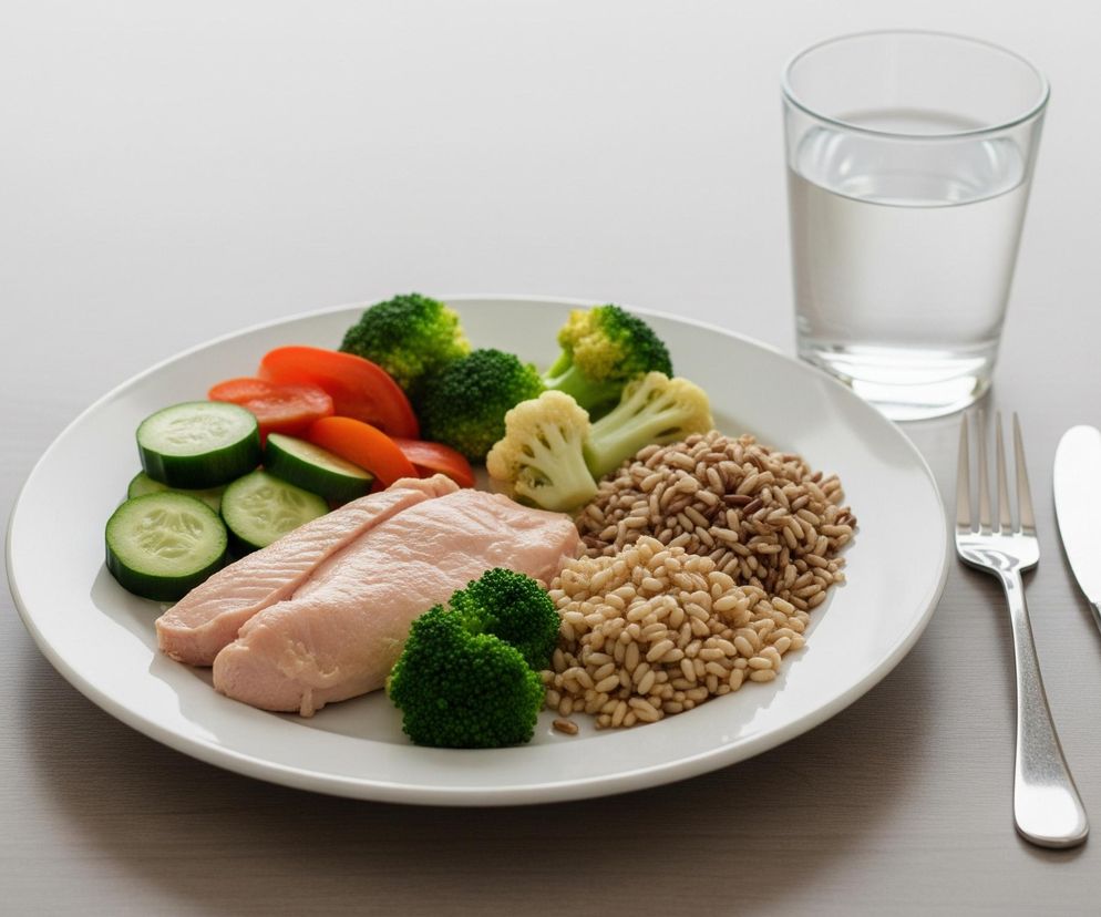 Na białym talerzu leży różnorodny posiłek składający się z dwóch kawałków gotowanego drobiu o jasnoróżowym kolorze, pokrojonych plastrów ogórka i pomidora, zielonych różyczek brokułów oraz jasnych i ciemnych ziaren ryżu lub kaszy. Obok talerza po prawej stronie znajduje się szklanka wypełniona wodą oraz komplet srebrnych sztućców: widelec i nóż. Całość ułożona jest na jasnym, drewnianym blacie stołu.