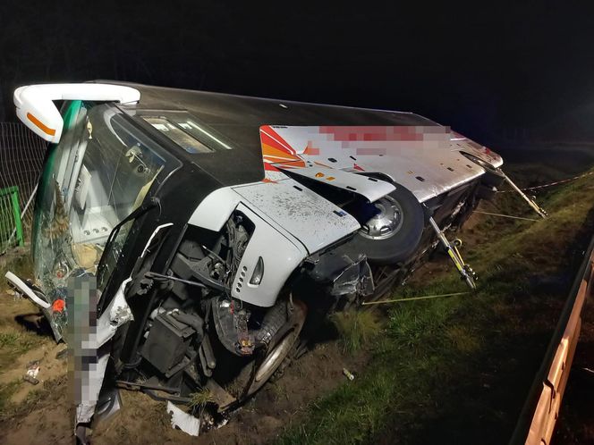 Nocny wypadek autobusu pod Łowiczem. Kilka osób w szpitalu. Pojazd wylądował w rowie [ZDJĘCIA].