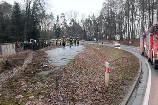 Piotrkowice. Pijany 40-latek stracił panowanie nad autem. Życie uratował mu kierowca ciężarówki