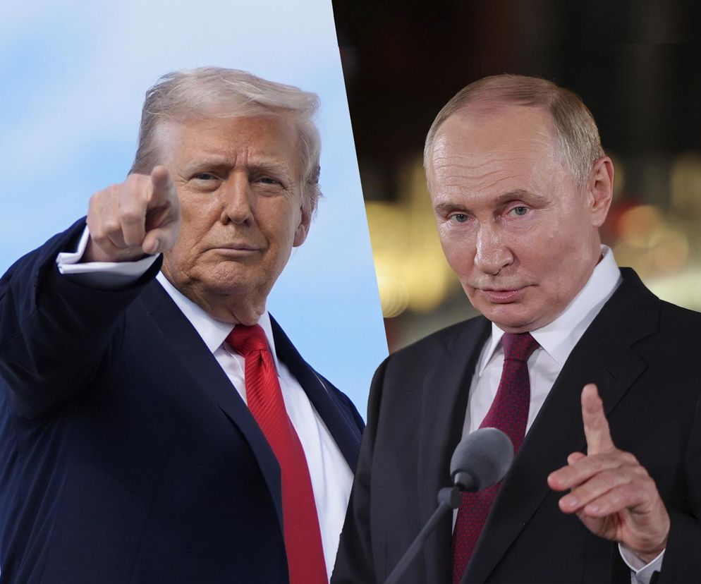 Donald Trump wskazujący palcem i Władimir Putin podczas wystąpienia, symbolizujący napięcia geopolityczne oraz presję USA na Europę w sprawie sankcji na rosyjską ropę, o czym czytaj na portalu Super Biznes.