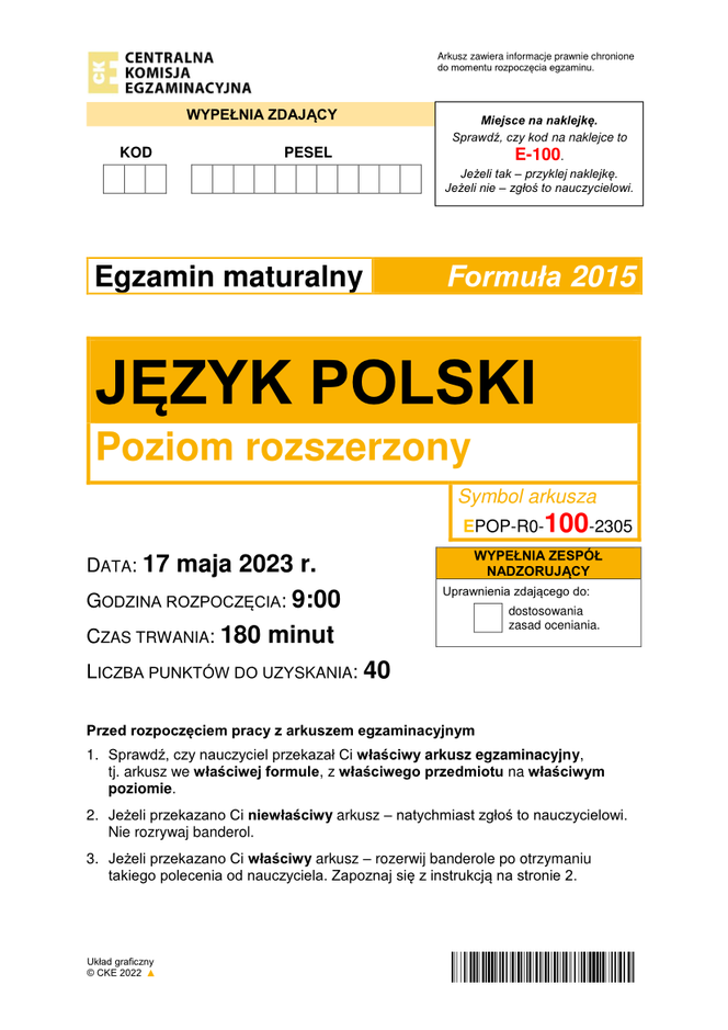 Język polski rozszerzony matura 2023 - ARKUSZ CKE
