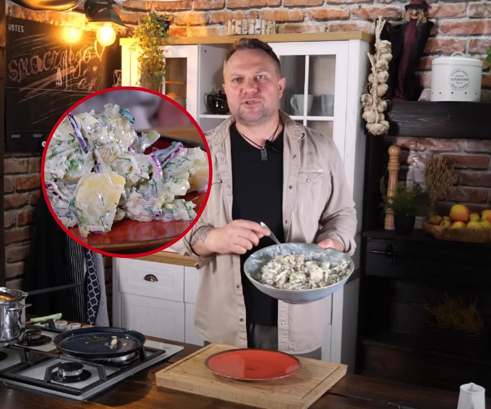 Tomasz Strzelczyk robiący sałatkę ziemniaczaną
