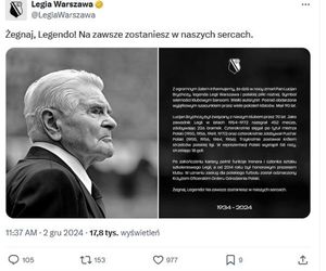 Legia pięknie pożegnała Lucjana Brychczego. „Żegnaj, Legendo”