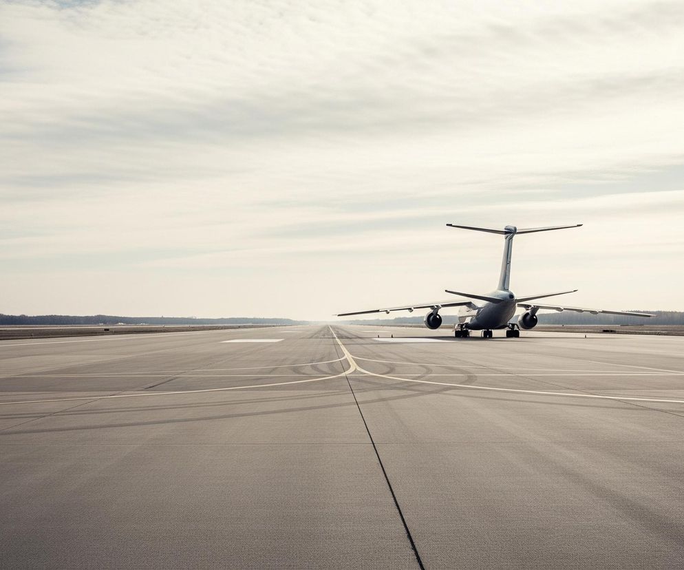 Samolot o szarym kadłubie, widoczny od tyłu, stoi na ciemnoszarym pasie startowym. Maszyna posiada dwie pary silników pod skrzydłami i podwójne pionowe stateczniki na ogonie. Pas startowy, pokryty liniami i oznaczeniami w kolorze białym i żółtym, ciągnie się w stronę horyzontu. Nad pasem rozciąga się jasne, zachmurzone niebo z widocznymi smugami chmur, a na horyzoncie zarysowuje się ciemna linia drzew.
