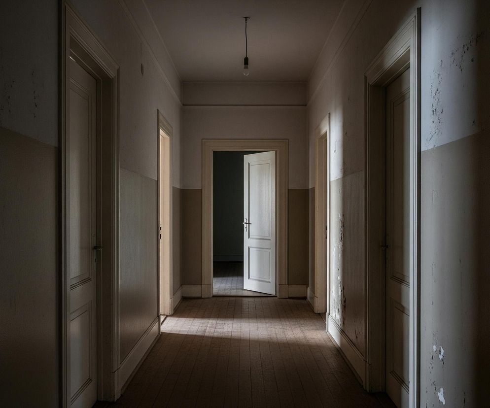 Długi, wąski korytarz, oświetlony naturalnym światłem z oddali, rozciąga się w głąb obrazu. Po obu stronach widoczne są zamknięte i otwarte drzwi, wykonane z drewna i pomalowane na jasny kolor, niektóre z nich mają widoczne klamki. Ściany są dwukolorowe: dolna część w odcieniu beżu, a górna jaśniejsza, z widocznymi przetarciami i uszkodzeniami tynku, zwłaszcza po prawej stronie. Na suficie w centralnej części zwisa pojedyncza, nieświecąca żarówka, a podłoga wyłożona jest jasnobrązowymi, prostokątnymi płytkami ułożonymi we wzór jodełki, z wyraźnymi pasami światła i cienia.