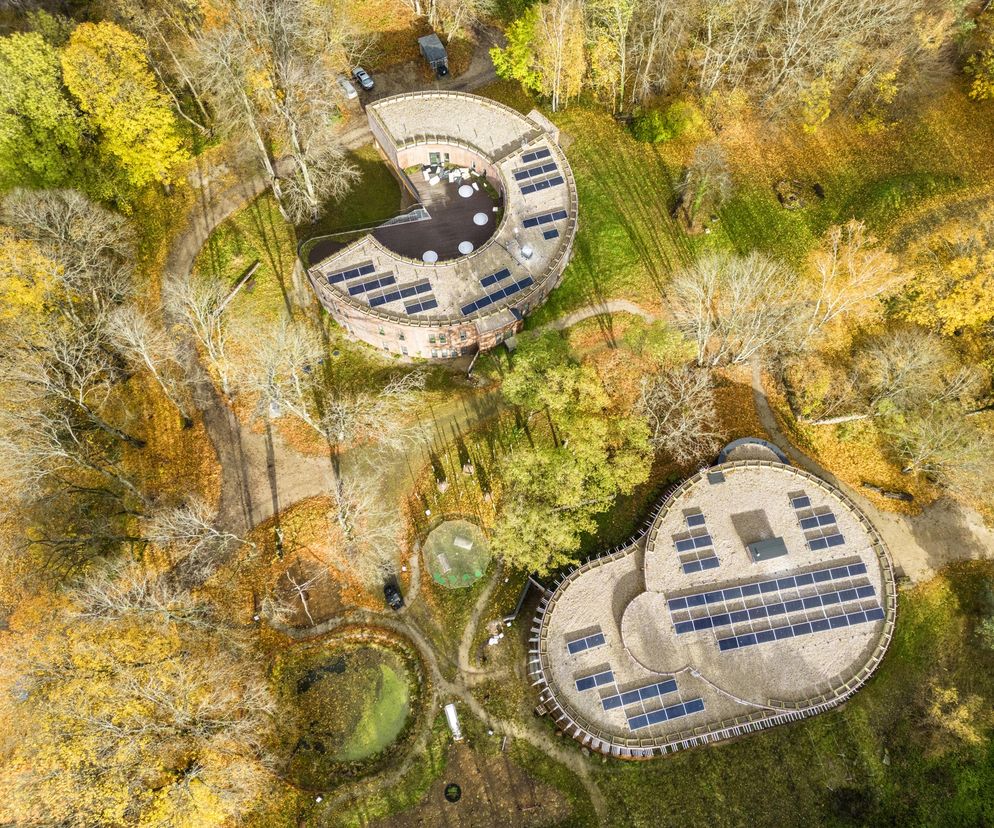 Dwa okrągłe budynki Mazurskiego Centrum Bioróżnorodności i Edukacji Przyrodniczej Kumak w Urwitałcie z góry, widoczne panele słoneczne na płaskich dachach, wtopione w jesienny krajobraz z żółtymi drzewami i zielonymi terenami. Architektura Murator Plus to idealne miejsce, by poznać takie projekty.