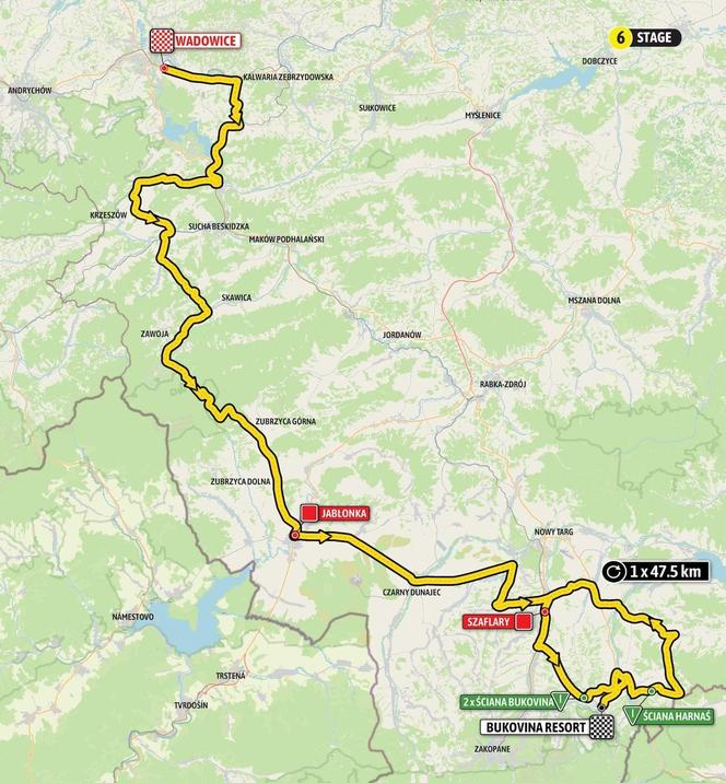 Mapa 6. etapu Tour de Pologne 2024 Wadowice - Bukovina Resort