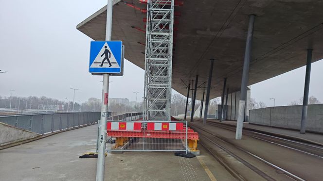 Tak wygląda uszkodzony dach nad przystankiem tramwajowym we Wrocławiu. Miasto zabezpiecza go ogromnymi podporami 