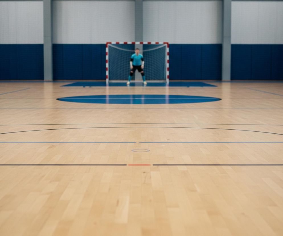 W centrum obrazu znajduje się bramka sportowa z czerwono-białymi słupkami, na tle której stoi bramkarz w turkusowej koszulce, czarnych spodenkach i białych rękawach. Drewniana podłoga sali gimnastycznej, z widocznymi jasnymi liniami i okręgami, zajmuje większą część kadru. Ściany są podzielone na dolną część w ciemnoniebieskim kolorze i górną, jaśniejszą, zasłoniętą siatką.