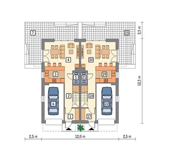 Projekt domu M225b Światła miasta - wariant II (dwulokalowy) z katalogu Muratora - plan parteru