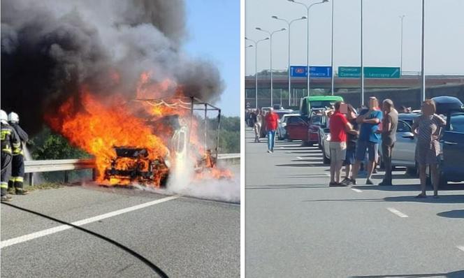 Pożar samochodu na A1. Kierowcy wyszli z aut na jezdnię