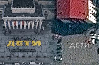 Wojna w Ukrainie. Na Placu Defilad pojawił się napis dzieci nawiązujący do dramatu w Mariupolu 