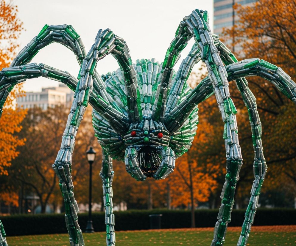 Ogromna rzeźba pająka, wykonana z zielonych i przezroczystych plastikowych butelek, dominuje centralną część kadru. Pająk ma osiem długich, segmentowych nóg, a jego tułów i głowa są również uformowane z butelek. Oczy pająka są wyraźnie zaznaczone jako dwie jaskrawoczerwone kule. Rzeźba stoi na zielonej, trawiastej powierzchni, pokrytej gdzieniegdzie brązowymi liśćmi, co sugeruje jesień. W tle widać drzewa z pomarańczowo-brązowymi liśćmi, a także zarys budynków i latarni.