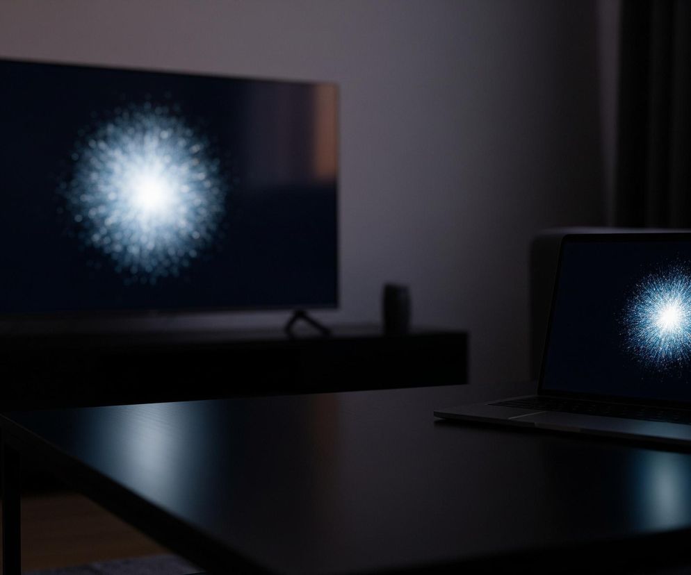 Na pierwszym planie, po prawej stronie czarnego stołu, stoi otwarty laptop z włączonym ekranem. Na wyświetlaczu widoczny jest jasny, biało-niebieski rozbłysk przypominający eksplozję lub fajerwerki, otoczony ciemnym tłem. Dalej, na środku obrazu, znajduje się duży, płaski telewizor, również z włączonym ekranem, na którym wyświetlany jest ten sam wzór jasnego rozbłysku. Poniżej telewizora widoczna jest ciemna szafka, a w tle zarys ciemnego pokoju z zasłoniętym oknem i fragmentem kanapy. Cała scena jest słabo oświetlona, co podkreśla blask ekranów urządzeń.