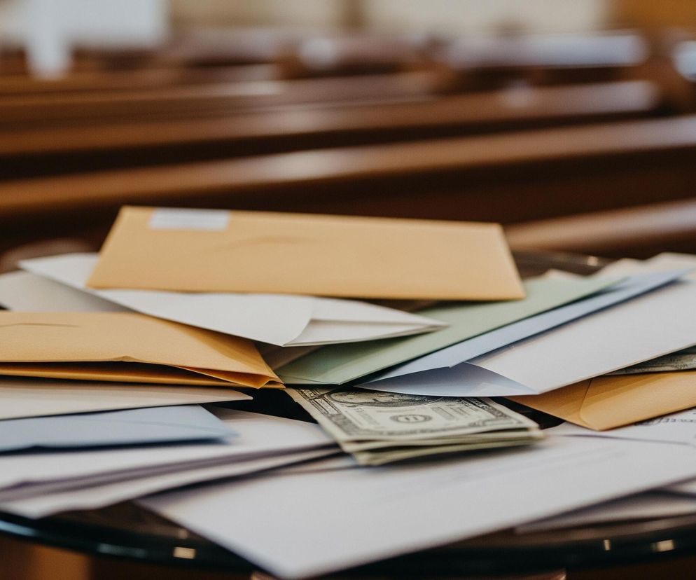 Na szklanym blacie leży stos kopert w różnych kolorach: beżowym, białym, jasnoniebieskim i jasnozielonym. Pomiędzy nimi widać również kilka złożonych banknotów, w tym jeden wyraźnie rozpoznawalny banknot dolarowy. Tło jest rozmyte, ukazując rzędy drewnianych, brązowych ławek, sugerujących wnętrze kościoła lub auli.