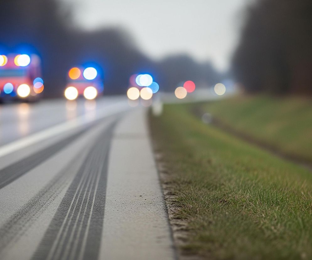 Na pierwszym planie, z lewej strony, widoczna jest mokra asfaltowa droga z wyraźnymi śladami opon i białą linią przerywaną. Z prawej strony drogi rozciąga się zielony pas trawy, a za nim niewyraźny rów. W tle, w oddali, widać rozmazane światła pojazdów ratunkowych – karetki lub wozu strażackiego z niebieskimi, pomarańczowymi i czerwonymi sygnałami świetlnymi, co sugeruje pilną interwencję.