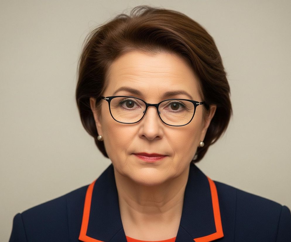 Kobieta w średnim wieku, ukazana od ramion w górę, patrząca prosto w obiektyw. Ma ciemnobrązowe włosy, ułożone w krótką fryzurę, i nosi okulary o czarnych oprawkach. Jej twarz jest delikatnie umalowana, a na ustach ma czerwoną szminkę, w uszach widoczne są perłowe kolczyki. Kobieta ubrana jest w granatową marynarkę z pomarańczową lamówką wokół kołnierza i klap, pod którą ma pomarańczową bluzkę. Tło jest jednolite, w neutralnym, beżowym kolorze.