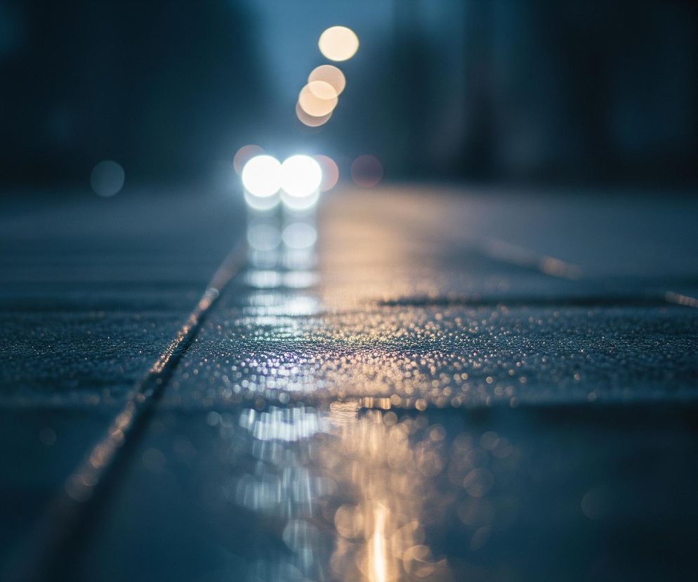 Mokra, ciemna droga, pokryta tysiącami drobnych kropli, rozciąga się od pierwszego planu ku oddali. W perspektywie, z głębi obrazu, zbliżają się dwa jasne, białe światła samochodu, tworzące długie odbicia na wilgotnej nawierzchni. Po obu stronach drogi, w tle, widoczne są rozmyte, okrągłe światła o ciepłej, żółtawej barwie. Całość utrzymana jest w chłodnej palecie ciemnych błękitów i szarości, z kontrastującymi jasnymi punktami świetlnymi.