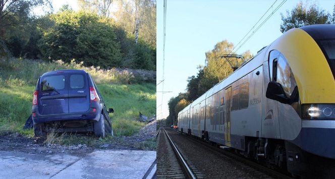 Włosienica. Kraksa osobówki z pociągiem. Dacia wjechała na przejazd mimo sygnalizacji