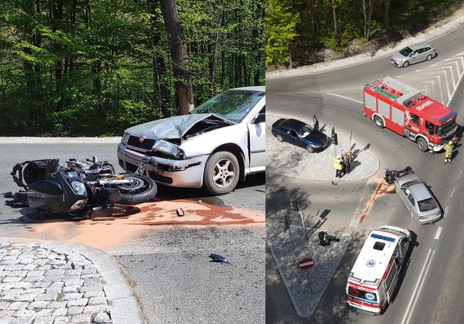 Poważny wypadek nieopodal Warszawy. Motocyklista runął na ziemię po zderzeniu z autem