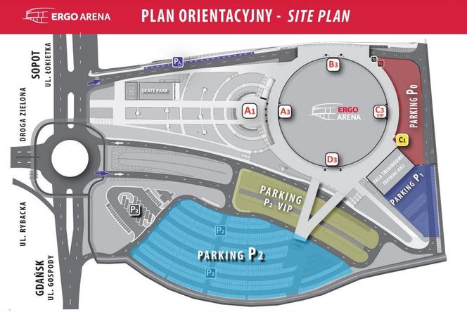 Mapa parkingów i dojazdu do Ergo Areny