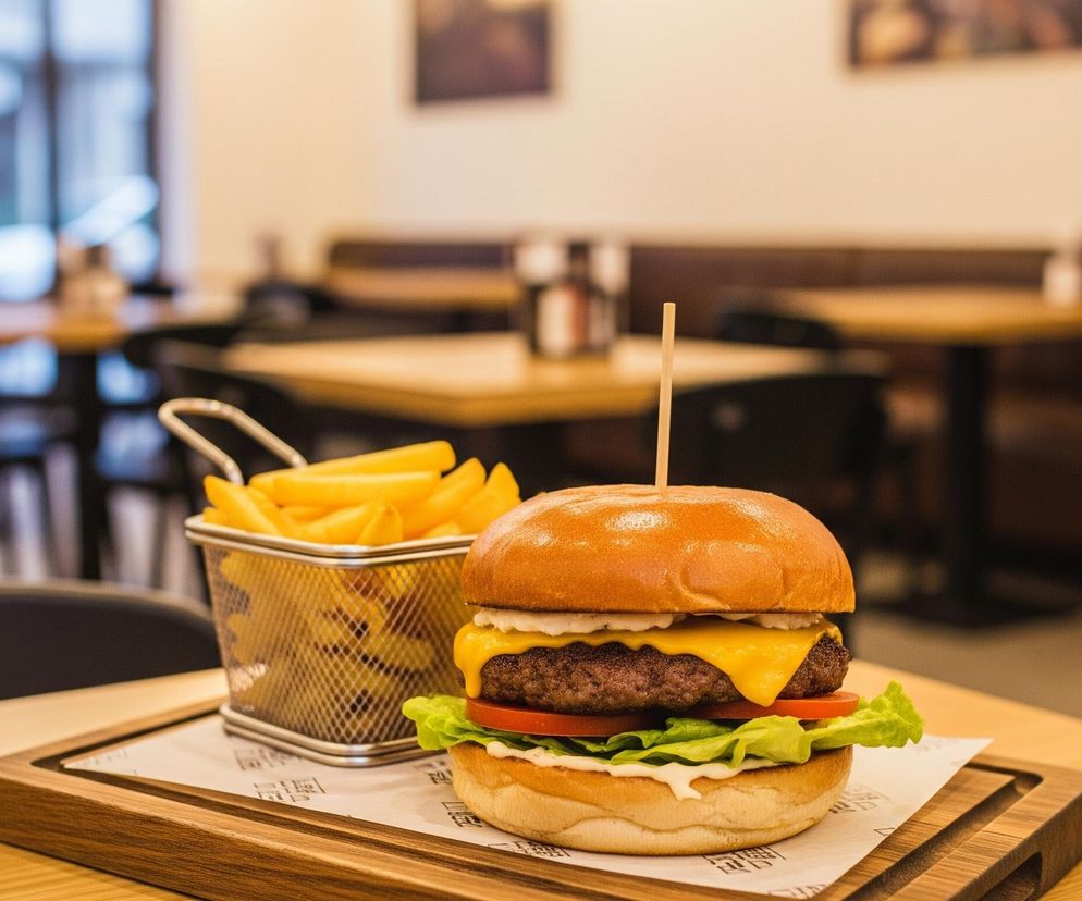 Na pierwszym planie, centralnie, widoczny jest burger na drewnianej desce do serwowania. Burger składa się z jasnozłotej bułki z ziarnami sezamu, grubego kotleta wołowego, stopionego żółtego sera, liści sałaty, plastra czerwonego pomidora i białego sosu. Z bułki wystaje drewniany patyczek. Obok burgera, po lewej stronie, stoi metalowy koszyczek wypełniony złotymi frytkami. Całość leży na białym papierze z powtarzającym się, ciemnym wzorem, który znajduje się na desce do serwowania. Tło przedstawia rozmyte wnętrze restauracji lub kawiarni z drewnianymi stołami, krzesłami i częściowo widocznymi obrazami na ścianie, a za oknami widać rozmyte światła miejskie.