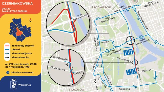 Warszawa, Czerniakowska. Utrudnienia i objazdy w majówkę 2025