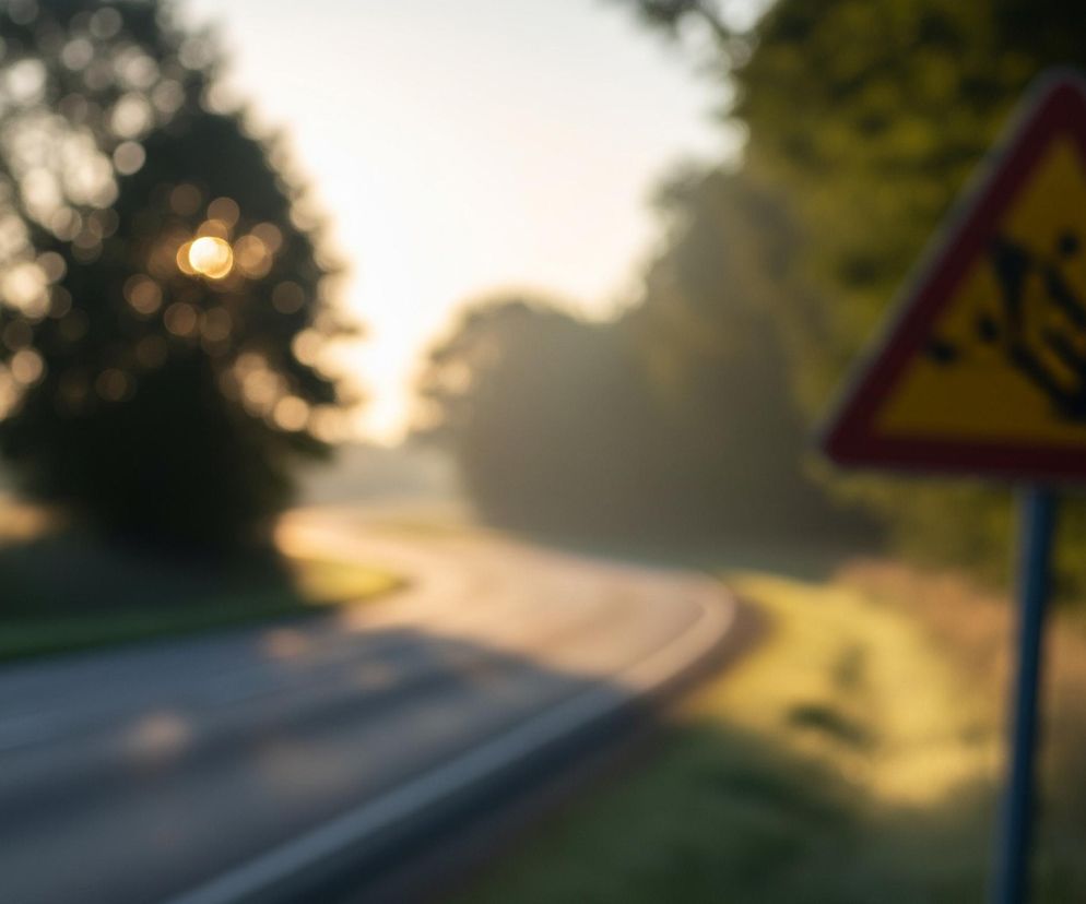 Na pierwszym planie, po prawej stronie, stoi rozmyty znak drogowy w kształcie żółtego trójkąta z czerwonym obramowaniem, przedstawiający czarny symbol spadających kamieni lub materiałów. Za znakiem rozciąga się droga asfaltowa, która łagodnie zakręca w prawo, z lewej strony zdjęcia widoczna jest zieleń trawy i drzew, z czego jedno duże drzewo jest wyraźnie rozmyte, ale słońce przebija się przez jego liście. Cały obraz skąpany jest w ciepłym, wschodzącym lub zachodzącym słońcu, tworzącym miękkie, złote światło i rozmyte odbicia na drodze i w oddali.