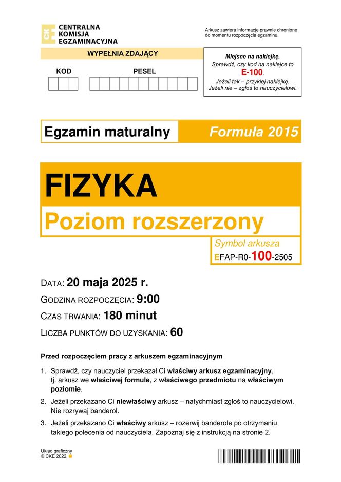 Matura 2025: fizyka 20.05.2025. Arkusze CKE, poziom rozszerzony [Formuła 2015]