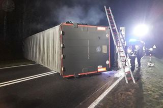 Wypadek tira na drodze krajowej nr 70. Zginęło kilkadziesiąt świń [ZDJĘCIA].