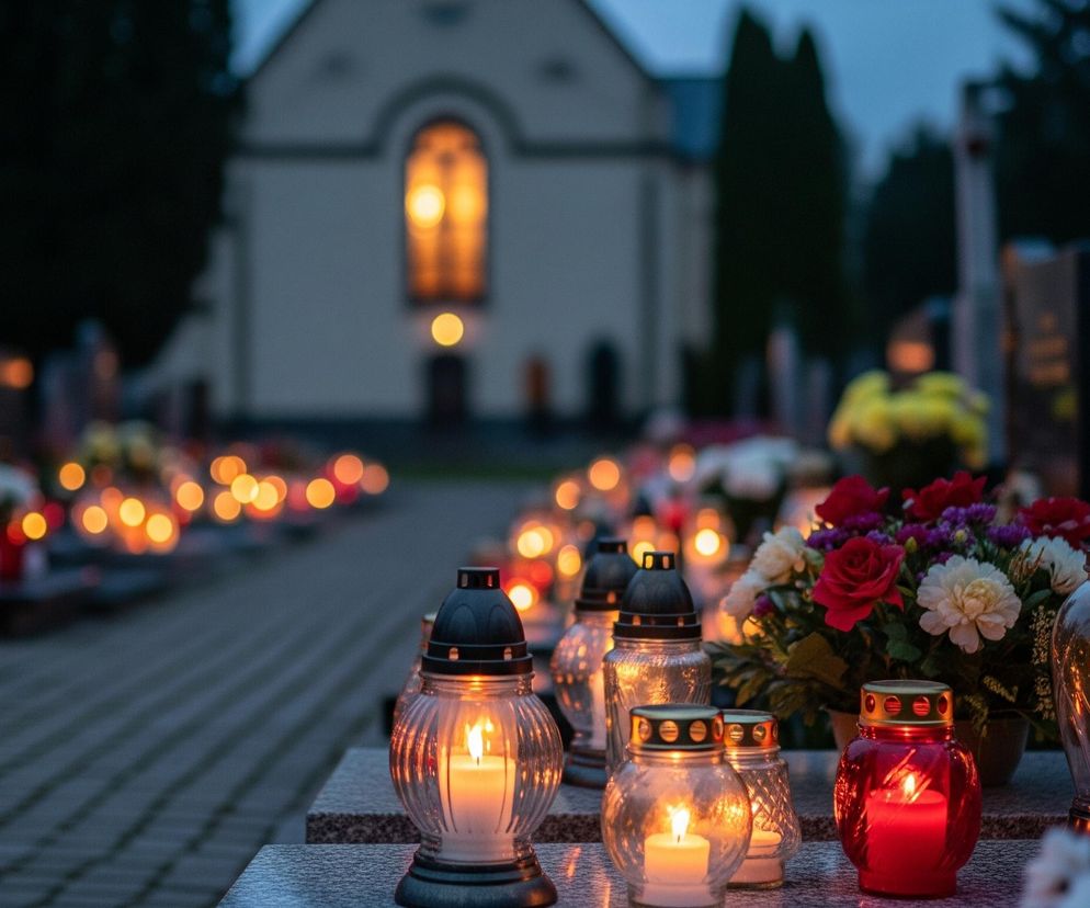 Cmentarz po zmroku, z palącymi się zniczami na nagrobkach. W tle widoczny kościół z rozświetlonym oknem. Scena symbolizuje zadumę przed 1 listopada oraz problem segregacji elektrośmieci, o czym przeczytasz na Super Biznes.