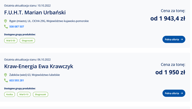 Ceny węgla ze strony cieplo.gov.pl