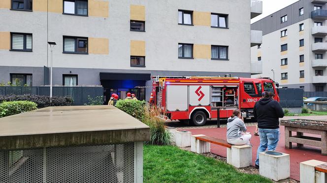 Pożar w bloku przy ul. Zakładowej we Wrocławiu. Na miejscu 6 wozów strażackich 