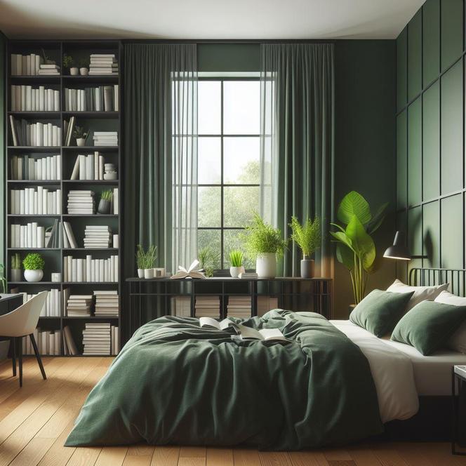 Regał w zielonej sypialni