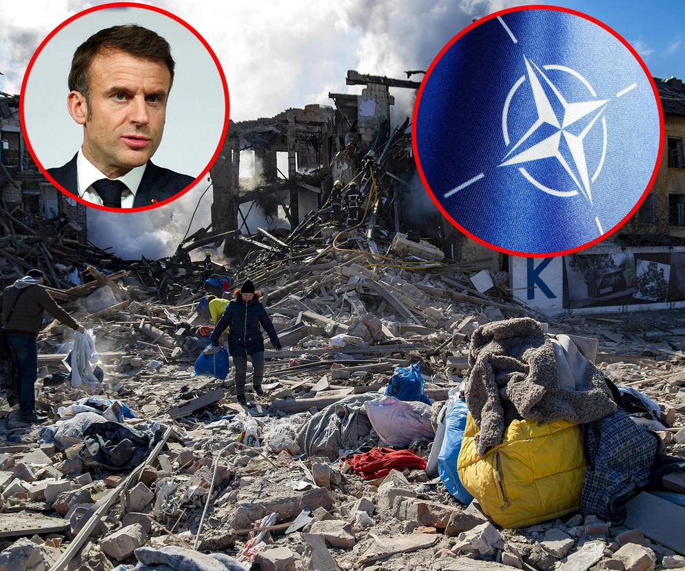 Macron, flaga NATO oraz zdjęcie z wojny na Ukrainie