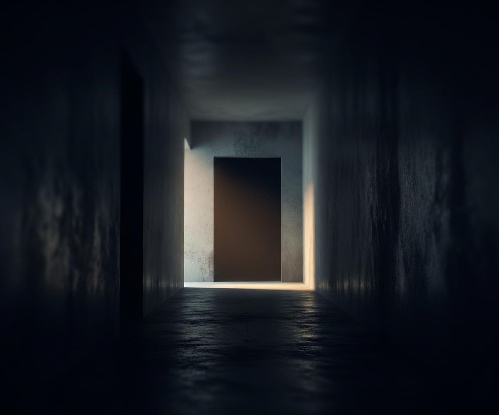 Wąski, ciemny korytarz rozciąga się w głąb obrazu, a jego ściany wydają się być wykonane z chropowatego betonu lub kamienia. Na końcu korytarza widoczne są otwarte drzwi, przez które wpada jasne, żółtawe światło, tworząc kontrast z otaczającą ciemnością. Podłoga, podobnie jak ściany, ma ciemną, odbijającą światło powierzchnię, sugerującą wilgoć lub błyszczący materiał, z delikatnymi refleksami światła pochodzącego z oddali. Lewa strona korytarza jest niemal całkowicie pogrążona w cieniu, natomiast prawa ściana i fragment sufitu są lekko oświetlone blaskiem z końca przejścia.