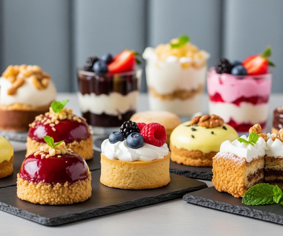 Zróżnicowana kolekcja deserów, starannie ułożonych na stole. W pierwszym rzędzie, na trzech czarnych, prostokątnych podkładkach z kamienia, umieszczono trzy ciastka: jedno okrągłe z kremową polewą i owocami leśnymi, drugie z błyszczącą, czerwoną polewą i posypką, a trzecie, przekrojone na pół, ukazuje warstwy biszkoptu i nadzienia. W tle widać kilka innych deserów w szklankach oraz na podstawkach, wszystkie ozdobione owocami, orzechami lub posypkami. Tło jest rozmyte, ale sugeruje szarą, teksturowaną ścianę.