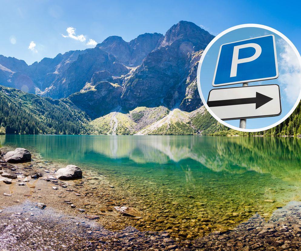 Morskie Oko i znak parkingu. 